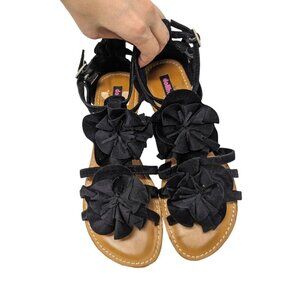 Dollhouse Black Ruffle Flowers Floral Sandals Flats Shoes Size 8.5